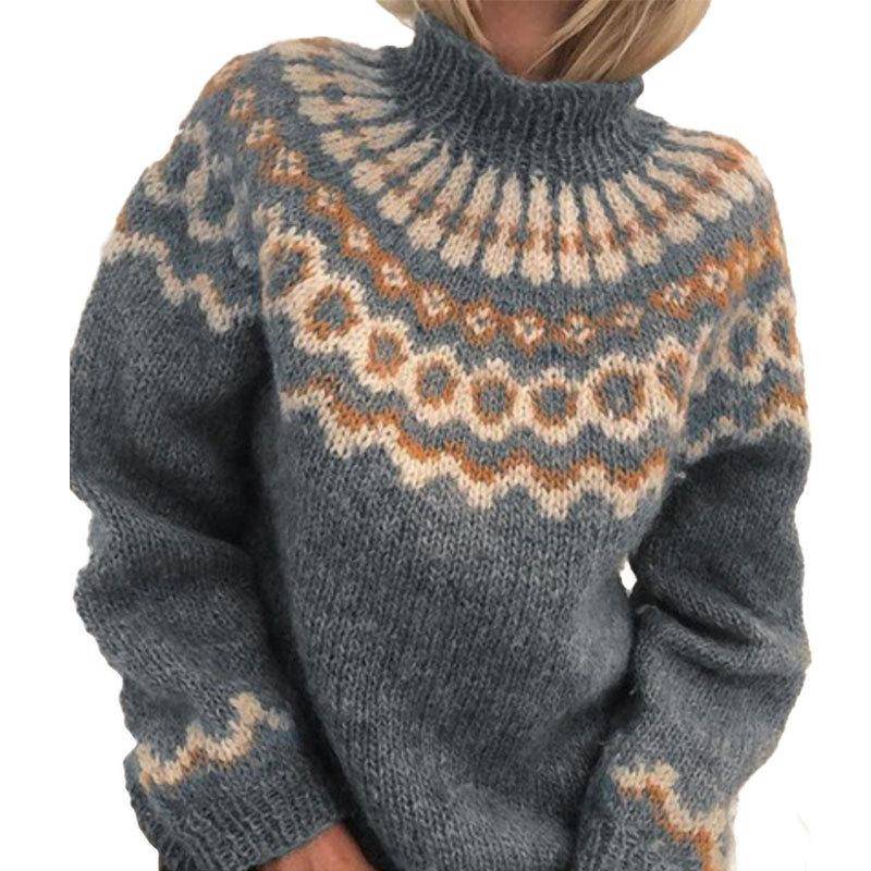 Gestrickter Nordic-Pullover für Damen mit hohem Rollkragenpullover, lässiger Pullover, Winteroberteile M grau von Joom DACH