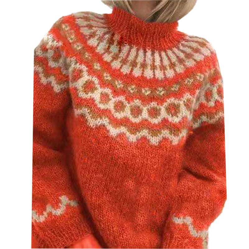 Gestrickter Nordic-Pullover für Damen mit hohem Rollkragenpullover, lässiger Pullover, Winteroberteile S rot von Joom DACH