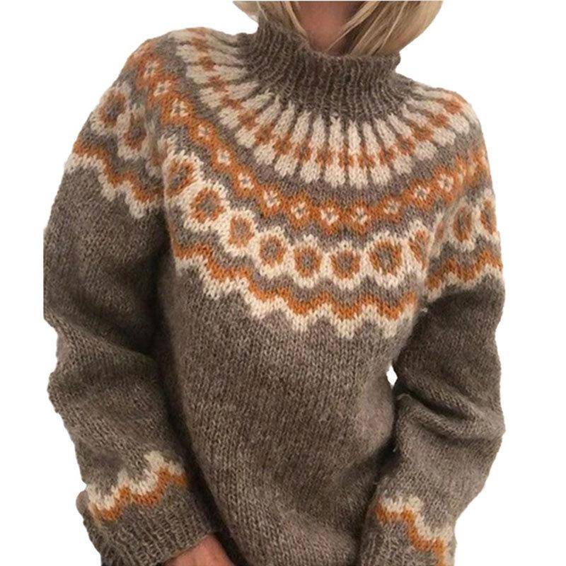 Gestrickter Nordic-Pullover für Damen mit hohem Rollkragenpullover, lässiger Pullover, Winteroberteile S khaki von Joom DACH