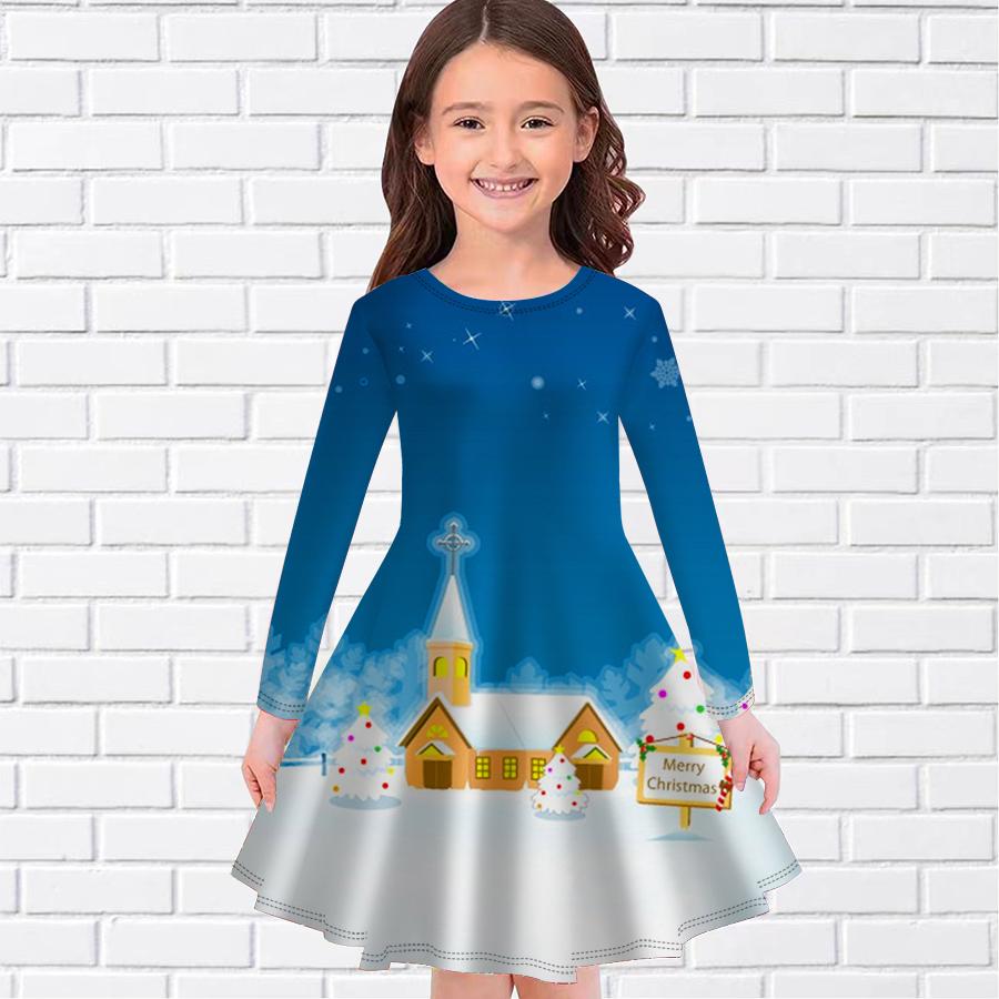 Mädchen Lässig Weihnachten Hauslieferung Print Rundhals Langarm Kleid Kind Prinzessinnenkleid 100 blau von Joom DACH