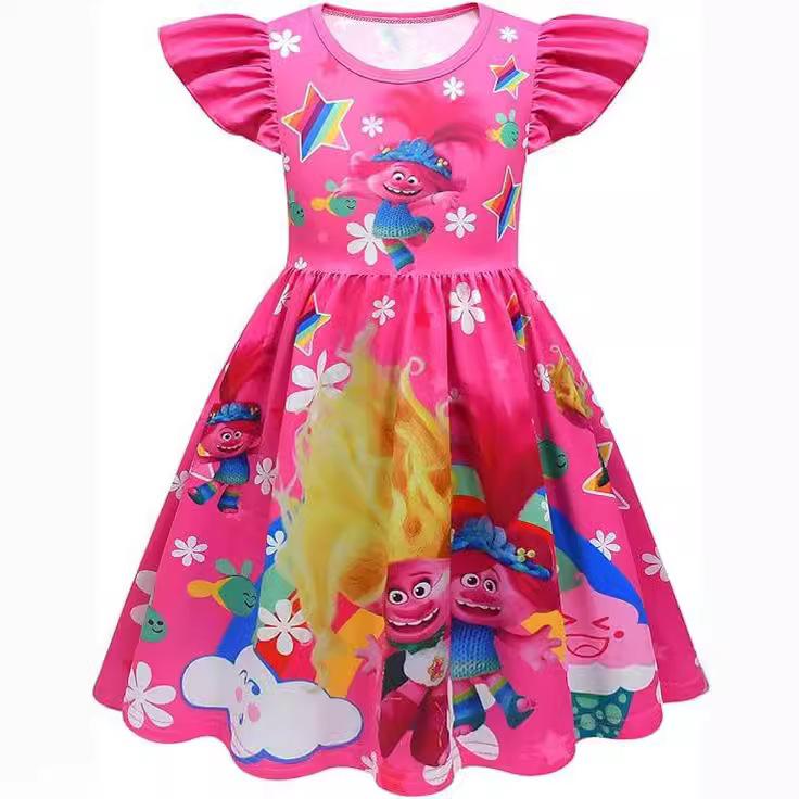 Mädchen Troll Kleid Flatterärmel Kleid Cartoon Animationsfilm Charakter Mode Druck Niedliches Freizeitkleid 120 rosa von Joom DACH