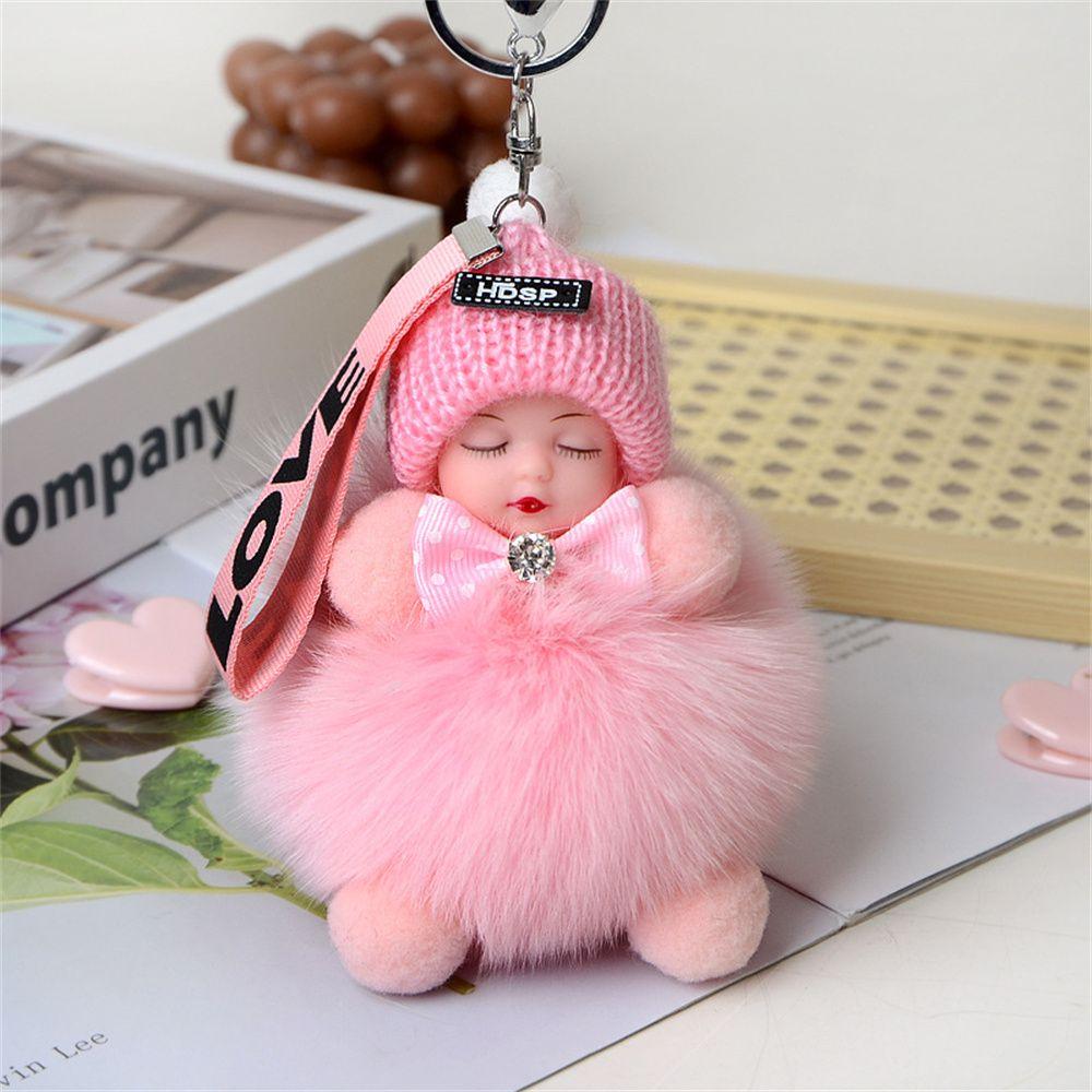 Girls Cars Key Ring Ball Pendant Pompom Keyring Plush Keychain Sleeping Baby Doll Fluffy Plush Doll pink von Joom DACH