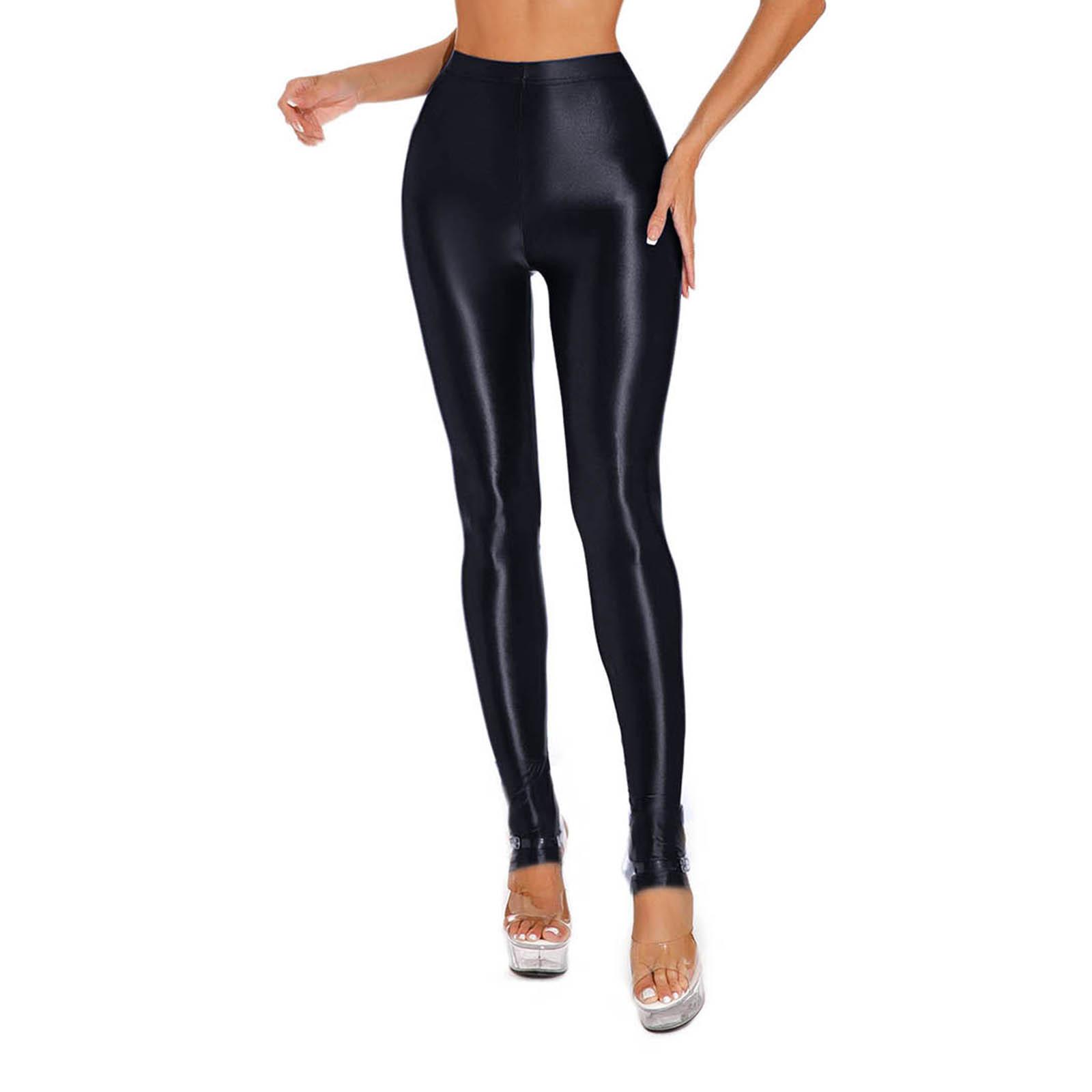 Glänzende, glänzende Leggings für Damen, hohe Taille, schmale, enge Gym-Yoga-Steigbügelhose L schwarz von Joom DACH