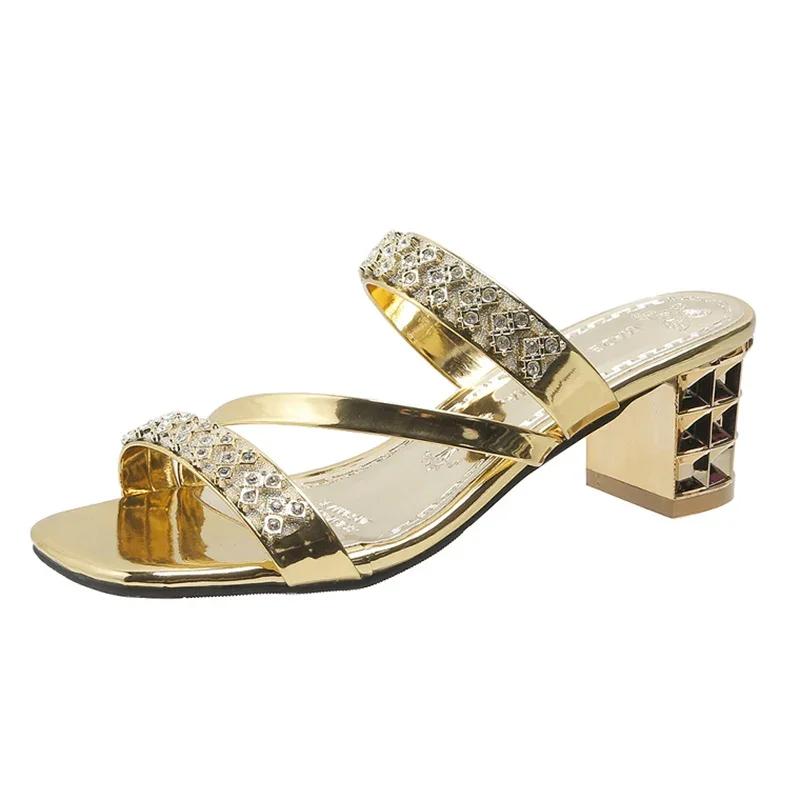Glänzende Gold Silber Damen Sandalen Sommer Kristall High Heels Party Schuhe Frau Bequem Dicker Absatz Slides Sandalias Mujer 35 gold von Joom DACH