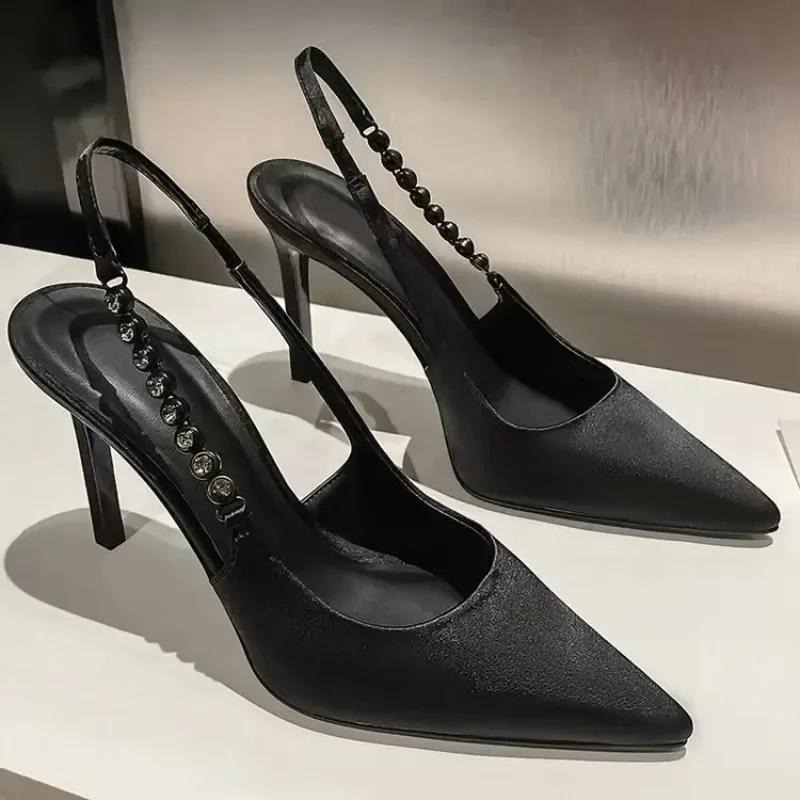 Glänzende High Heels Slingback Silber Damen Pumps Metallic Kristall Sandalen Spitze Zehen Stiletto Absätze Party Abendschuhe Frau 40 schwarz von Joom DACH