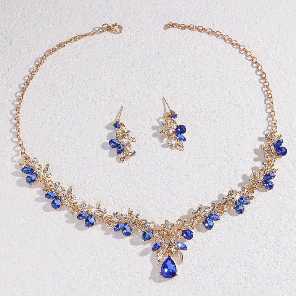 Glänzende Ohrringe Kristall Halskette Hochzeitsparty Strass Schmuckset Frauen blau von Joom DACH