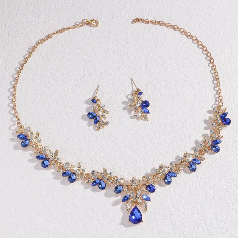 Glänzende Ohrringe Kristall Halskette Hochzeitsparty Strass Schmuckset Frauen blau von Joom DACH