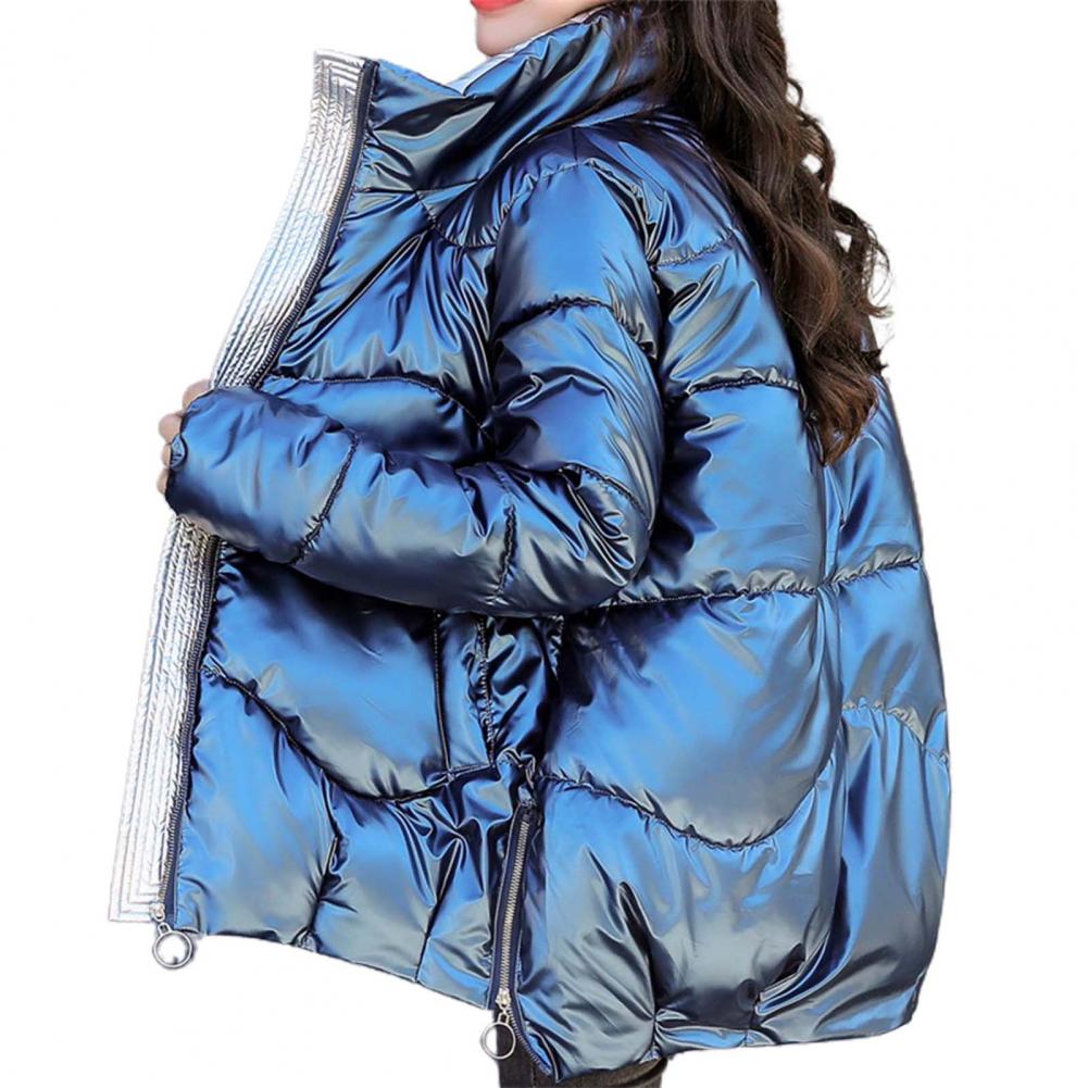 Glänzende Winter-Daunen-Baumwoll-gefütterte Jacke für Damen, dicke, leuchtend schwarze, kurze, glänzende Jacke, gelb-rote Baumwoll-Parkas-Oberbekleidung XXL blau von Joom DACH