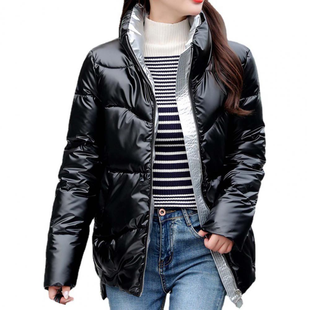 Glänzende Winter-Daunen-Baumwoll-gefütterte Jacke für Damen, dicke, leuchtend schwarze, kurze, glänzende Jacke, gelb-rote Baumwoll-Parkas-Oberbekleidung XXL schwarz von Joom DACH