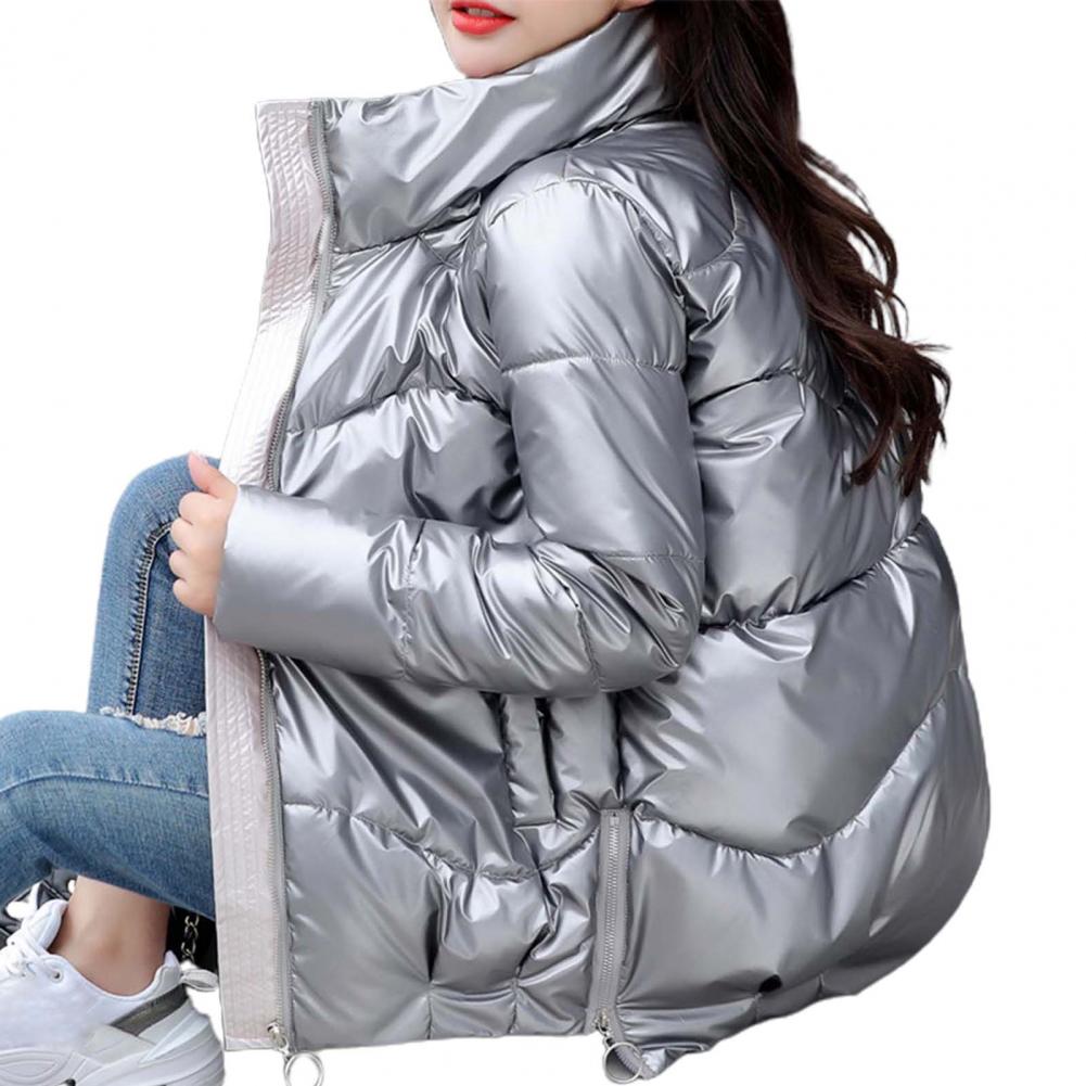 Glänzende Winter-Daunen-Baumwoll-gefütterte Jacke für Damen, dicke, leuchtend schwarze, kurze, glänzende Jacke, gelb-rote Baumwoll-Parkas-Oberbekleidung XXL silber von Joom DACH