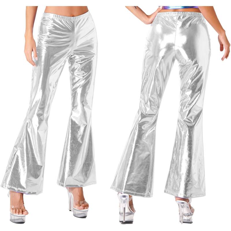Glänzende metallische Disco-Hose für Damen, Schlaghose, Schlaghose, Cosplay-Tanzkostüm S silber von Joom DACH