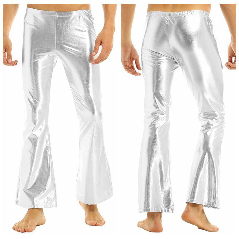Glänzende metallische Disco-Schlaghose für Herren mit langer Hose für Clubwear S silber von Joom DACH