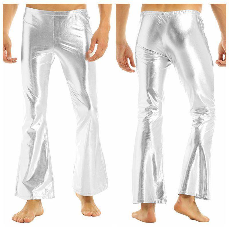 Glänzende metallische Disco-Schlaghose für Herren mit langer Hose für Clubwear S silber von Joom DACH