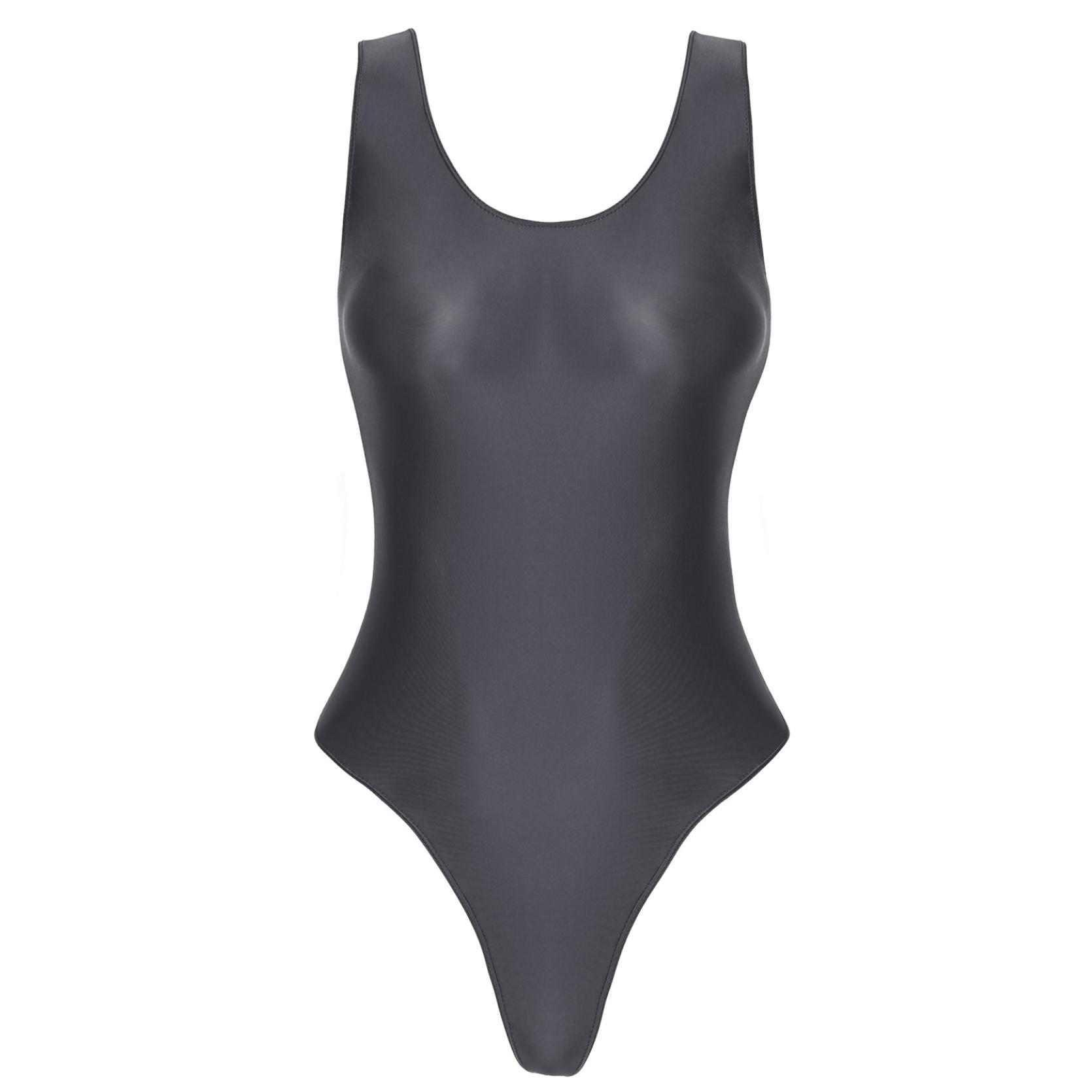 Glänzender, ärmelloser, hoch geschnittener Damen-Body, einteiliger Badeanzug für Yoga, Sport, Fitness, Schwimmen, Bade-Body XL grau von Joom DACH