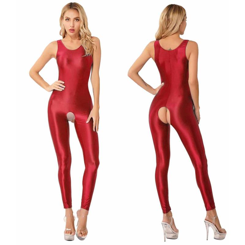 Glänzender, ärmelloser Damen-Bodysuit, fester, dehnbarer Trikot-Nachtwäsche L bordeaux von Joom DACH