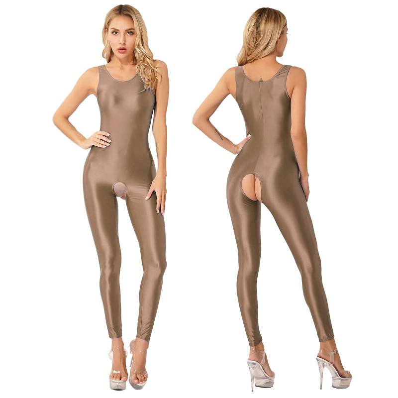 Glänzender, ärmelloser Damen-Bodysuit, fester, dehnbarer Trikot-Nachtwäsche S kaffeebraun von Joom DACH