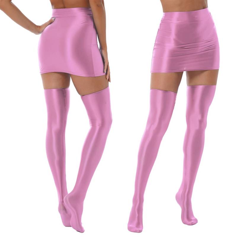 Glänzender, einfarbiger Dessous-Anzug für Damen, Nachtclub-Outfit, Minirock mit hoher Taille und Strümpfen M rosa von Joom DACH