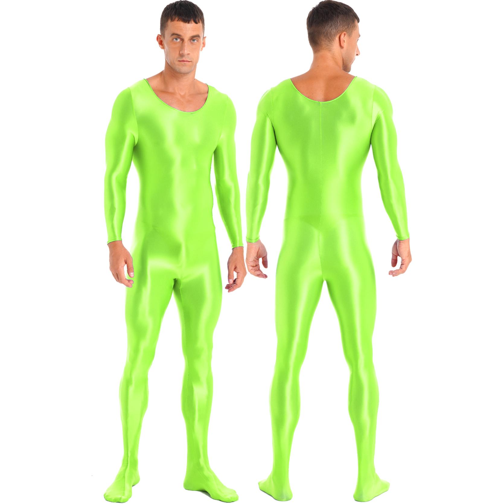 Glänzender, glatter Herren-Ganzkörper-Trikot-Bodysuit, Overall, langärmeliger Bodystocking für Sport, Fitness, Rave-Party, Clubwear M fluoreszierende grün von Joom DACH