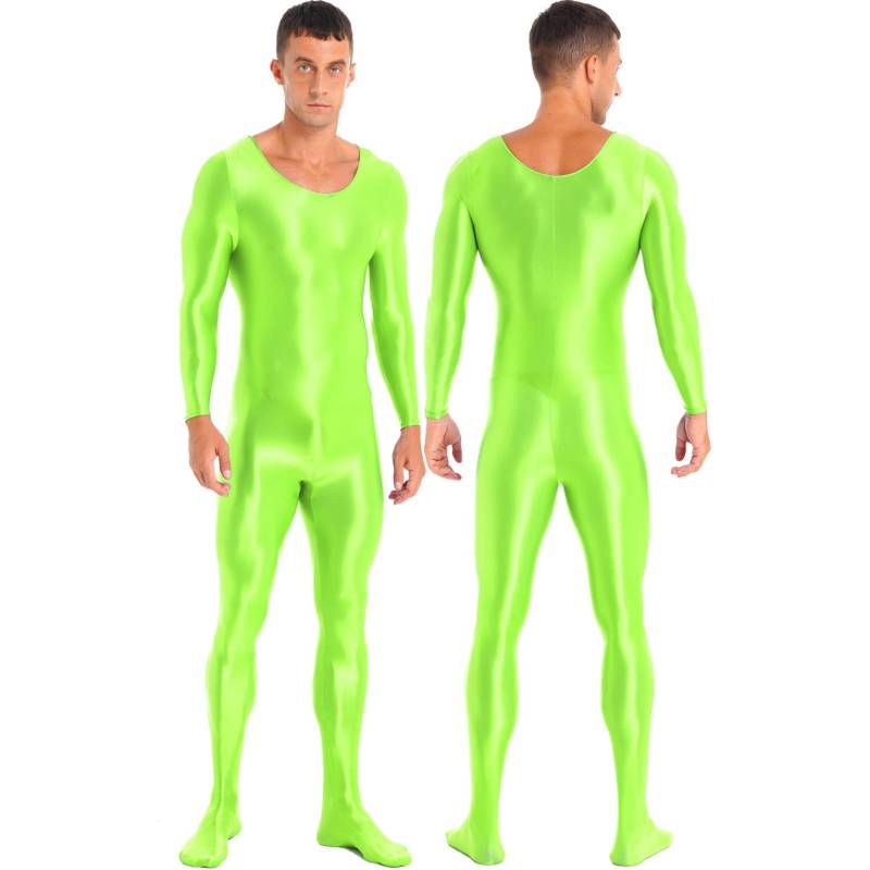 Glänzender, glatter Herren-Ganzkörper-Trikot-Bodysuit, Overall, langärmeliger Bodystocking für Sport, Fitness, Rave-Party, Clubwear M fluoreszierende grün von Joom DACH