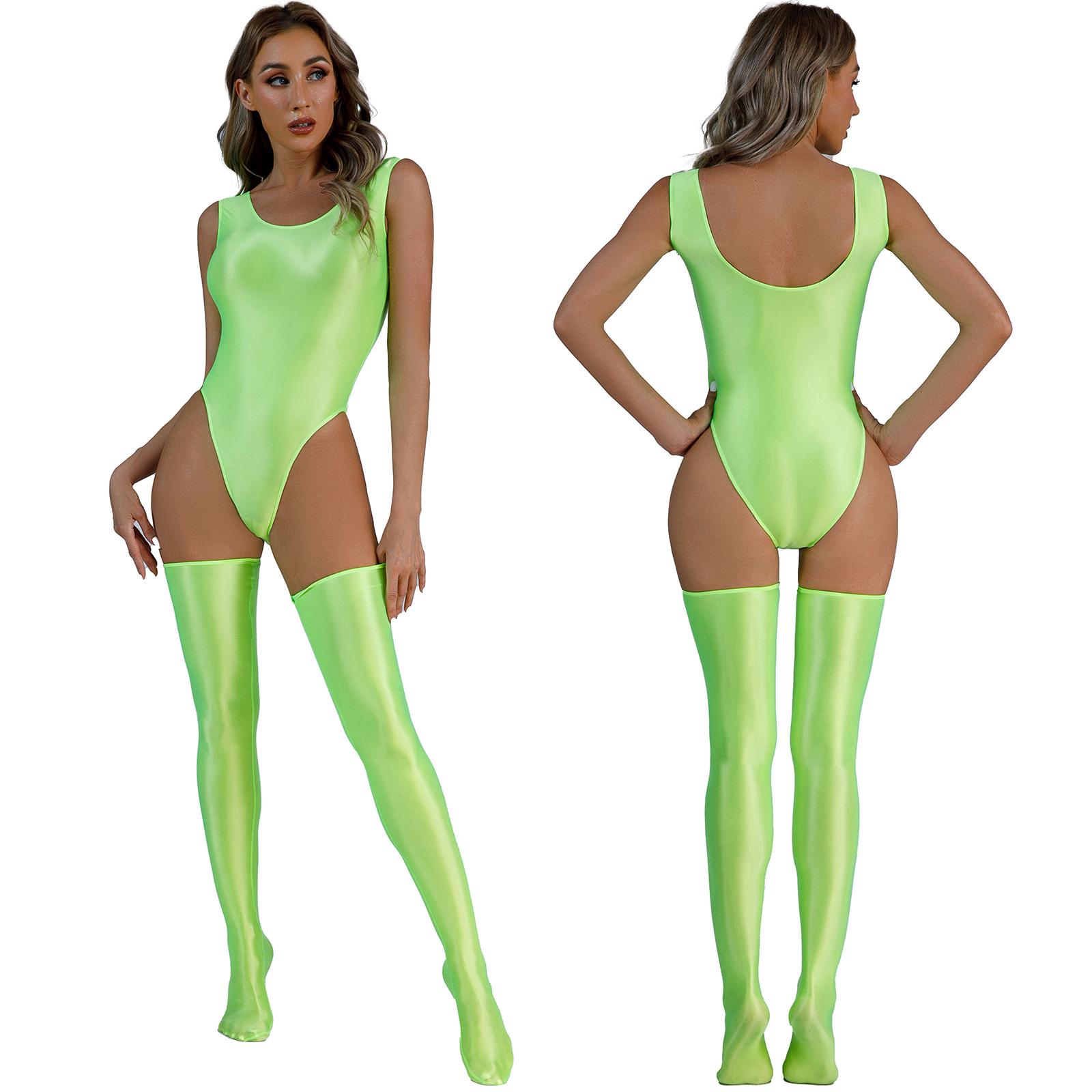 Glänzender, rückenfreier Damen-Bodysuit, Pool-Party-Badeanzug, Badebekleidung, hochgeschnittener, ärmelloser Trikotanzug mit oberschenkelhohen Strümpfen M fluoreszierende grün von Joom DACH