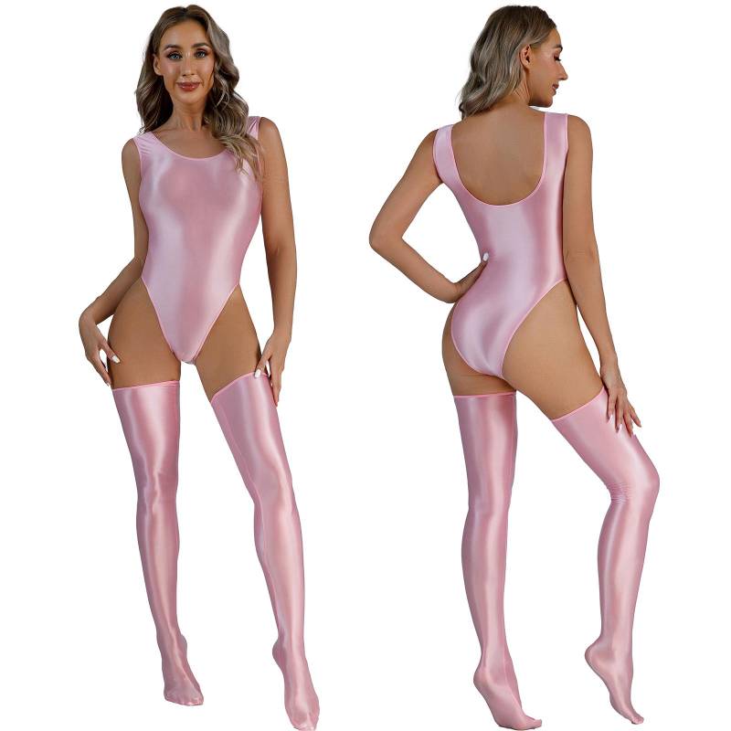 Glänzender, rückenfreier Damen-Bodysuit, Pool-Party-Badeanzug, Badebekleidung, hochgeschnittener, ärmelloser Trikotanzug mit oberschenkelhohen Strümpfen M rosa von Joom DACH