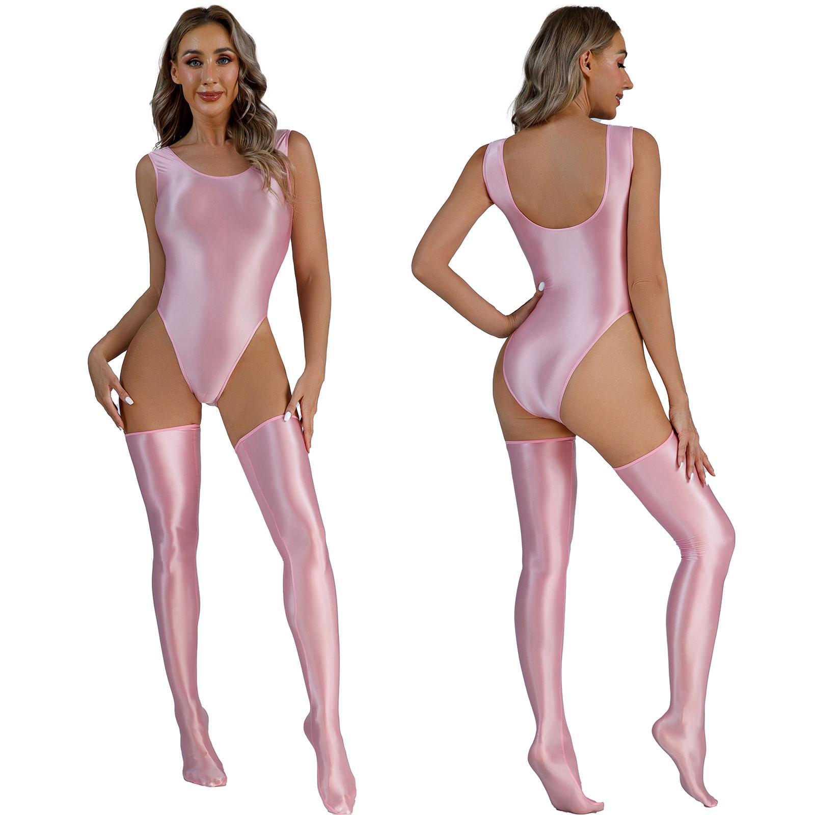 Glänzender, rückenfreier Damen-Bodysuit, Pool-Party-Badeanzug, Badebekleidung, hochgeschnittener, ärmelloser Trikotanzug mit oberschenkelhohen Strümpfen XL rosa von Joom DACH