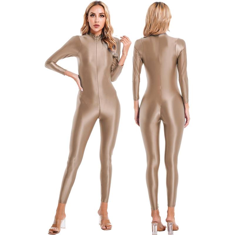 Glänzender Catsuit mit Reißverschluss für Damen, einteiliger, hochgeschlossener, langärmliger Body-Trikot One Size champagner von Joom DACH