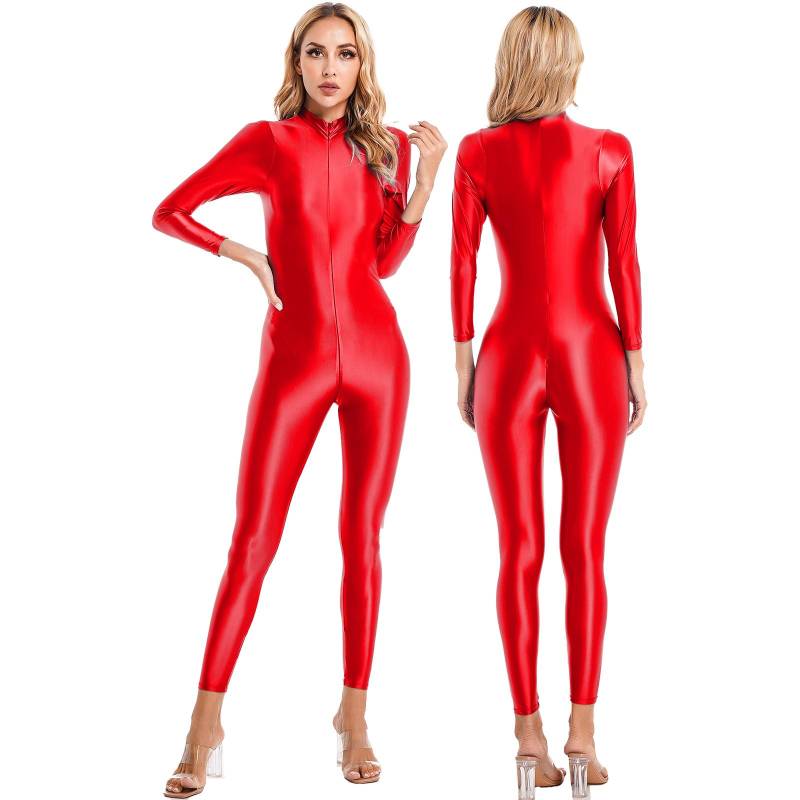 Glänzender Catsuit mit Reißverschluss für Damen, einteiliger, hochgeschlossener, langärmliger Body-Trikot One Size rot von Joom DACH