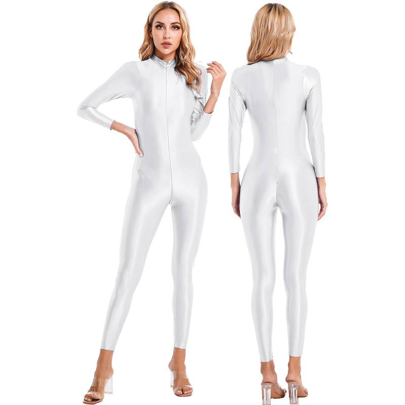 Glänzender Catsuit mit Reißverschluss für Damen, einteiliger, hochgeschlossener, langärmliger Body-Trikot One Size weiß von Joom DACH