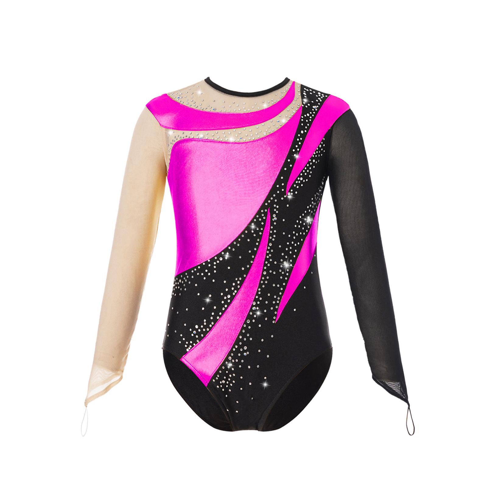 Glänzender Gymnastik-Trikot-Body für Kinder, Netzstoff, langärmlig, Schlüsselloch-Rückseite, metallischer Eislauf-Overall 13-14 Years heißes rosa von Joom DACH