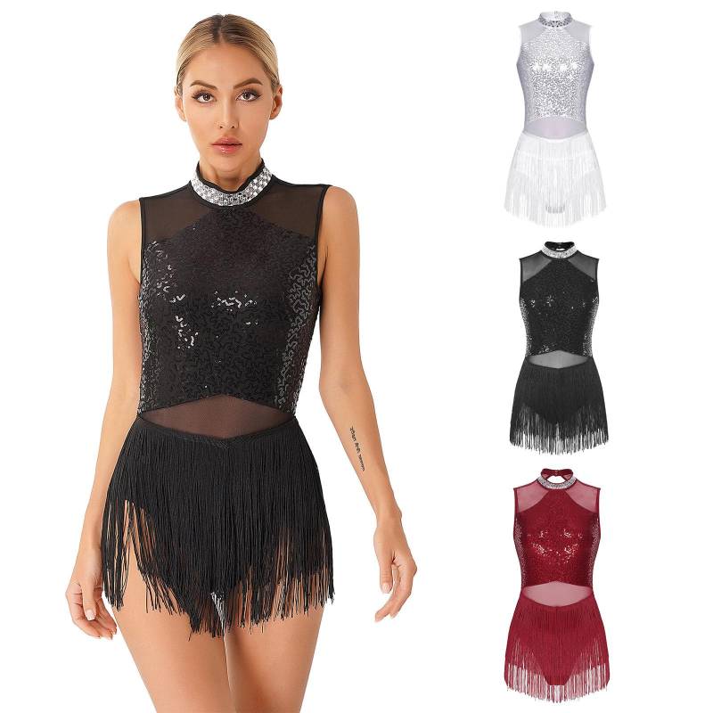 Glänzender Pailletten-Quasten-Latin-Jazz-Tanz-Trikot-Body für Damen mit überkreuztem Rücken und lyrischem Tanzkostüm L weiß von Joom DACH