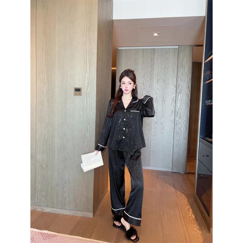 Glänzender Pyjama für Damen, Eisseide, Frühling und Herbst, langärmelige Hose, schwarze Strickjacke, Anzugjacke, Homewear XXL von Joom DACH