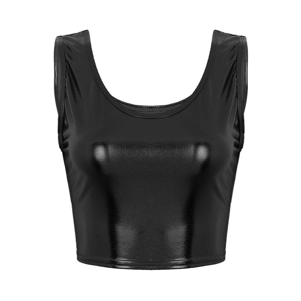 Glänzendes, metallisches, ärmelloses Crop-Top für Damen, Rave-Party, Tanz, T-Shirt, Bluse, Weste, Clubwear One Size schwarz von Joom DACH