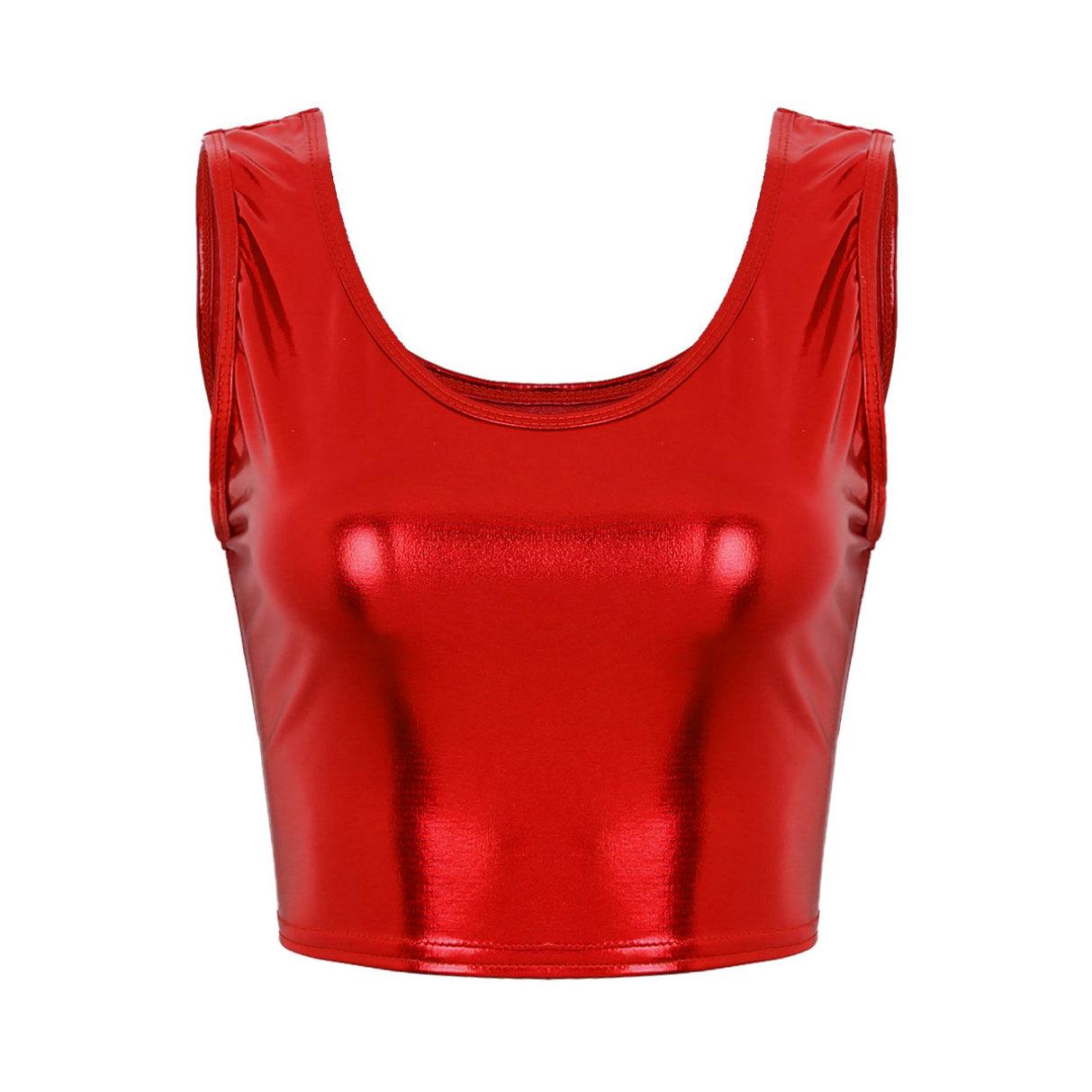 Glänzendes, metallisches, ärmelloses Crop-Top für Damen, Rave-Party, Tanz, T-Shirt, Bluse, Weste, Clubwear One Size rot von Joom DACH