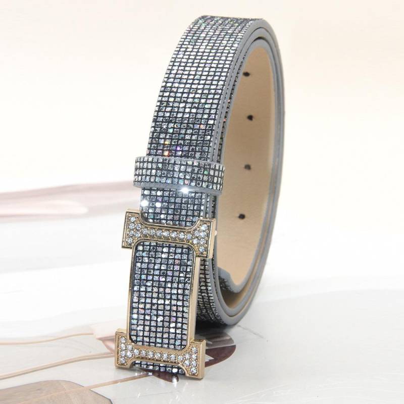 Glitzer PU Ledergürtel Bling Bling Schiebeschnalle Gürtel Vintage Trendiger Taillengürtel Damen silber von Joom DACH