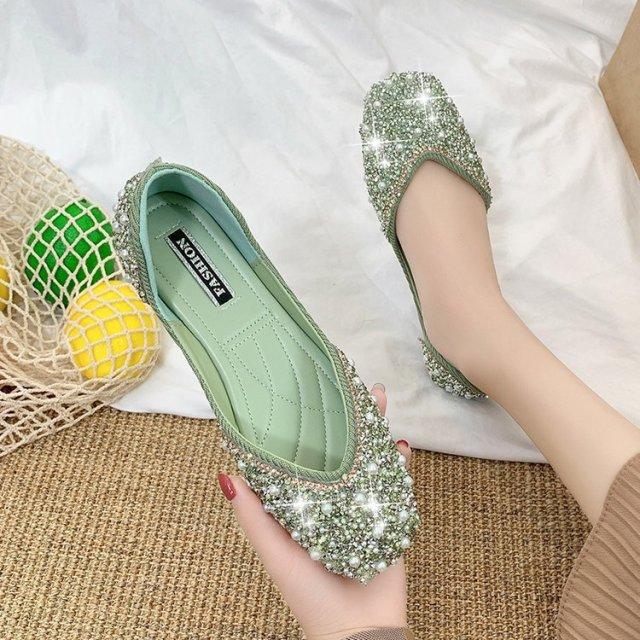 Glitzernde Kristall-Perlennieten-Ballettschuhe für Damen, quadratische Zehenpartie, Slip-on-Loafer, gemütliche, flach ausgeschnittene Ballerinas, Mokassins für Damen 40 grün von Joom DACH