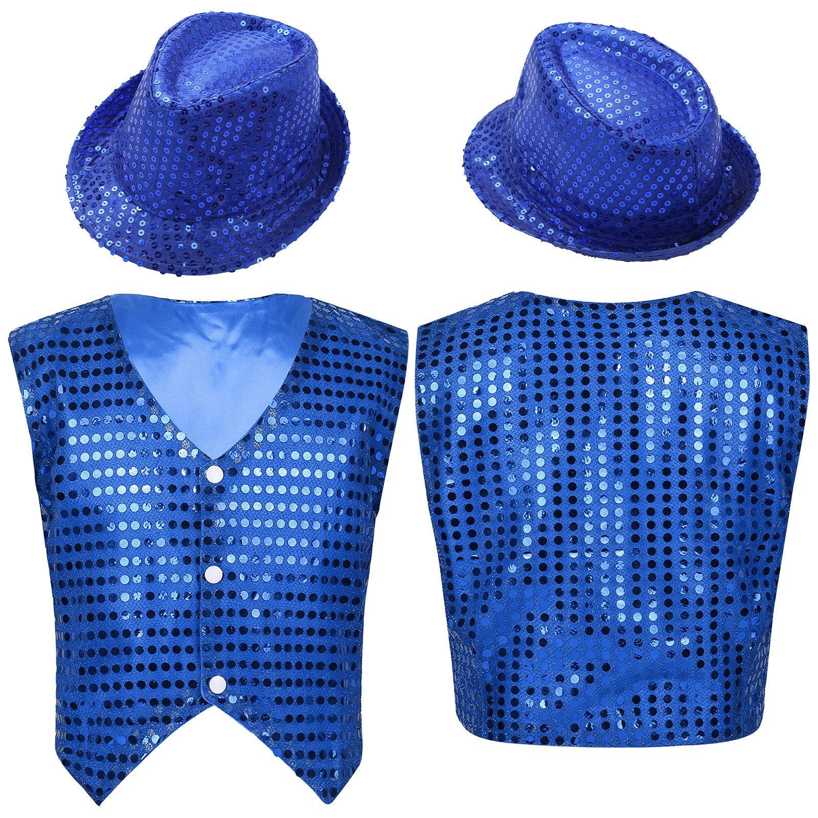 Glitzernde Pailletten-Weste für Kinder und Jungen mit Hut für Jazz-Tanz-Bühnenkostüm 11-12 Years blau von Joom DACH