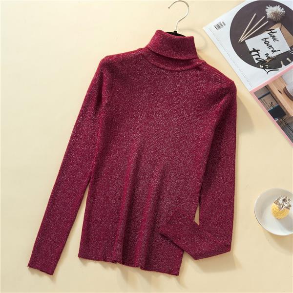 Glitzernder Seidenpullover, Winter Enganliegendes Langarm-Basisshirt mit hohem Kragen, Glänzender goldfarbener Strickpullover für Damen One size bordeaux von Joom DACH
