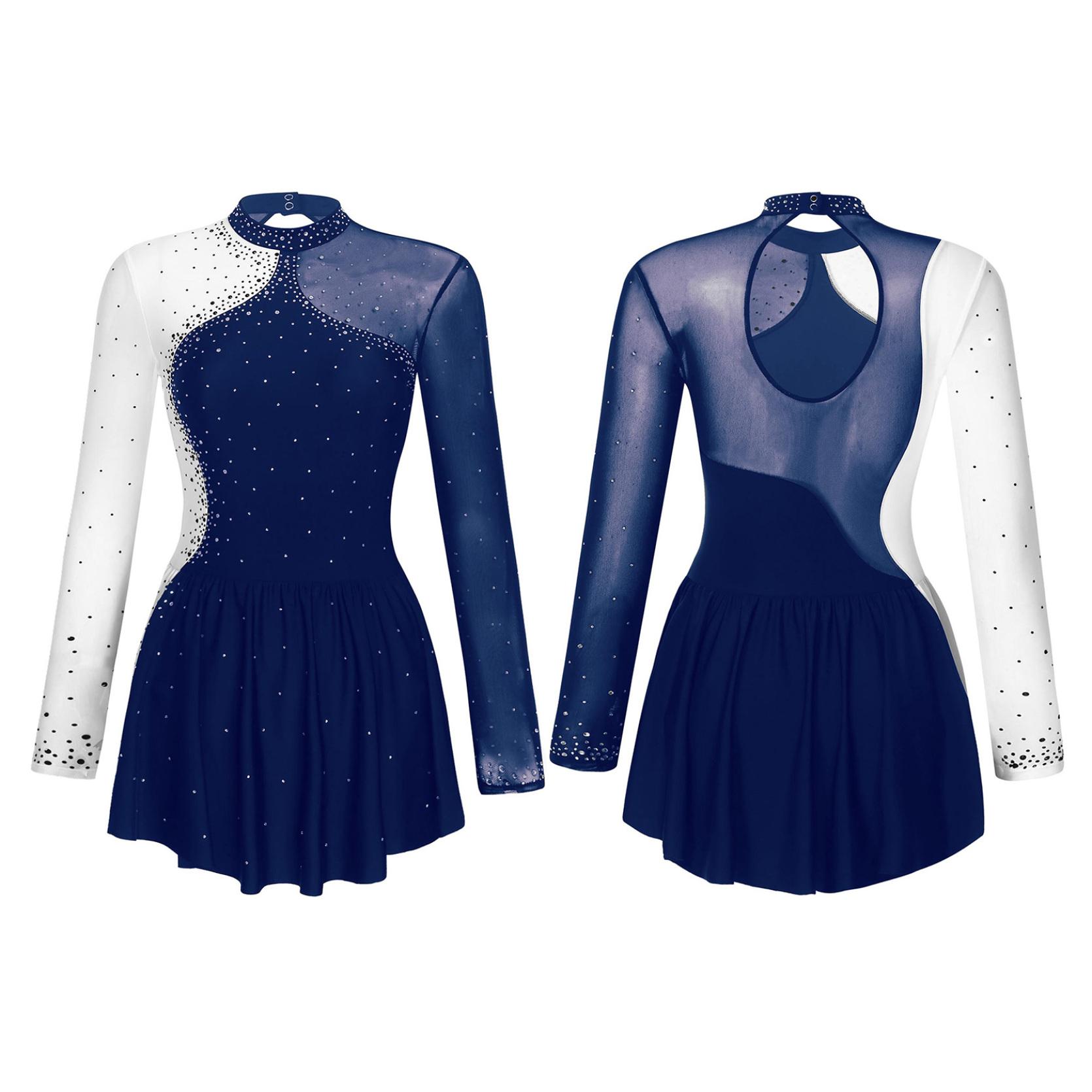 Glitzerndes Damen-Eiskunstlauf-Tanzkleid mit Strasssteinen, Kontrastfarbe, durchsichtiges Mesh-Patchwork, langärmlig, Mock-Neck-Kleider L navy blau von Joom DACH