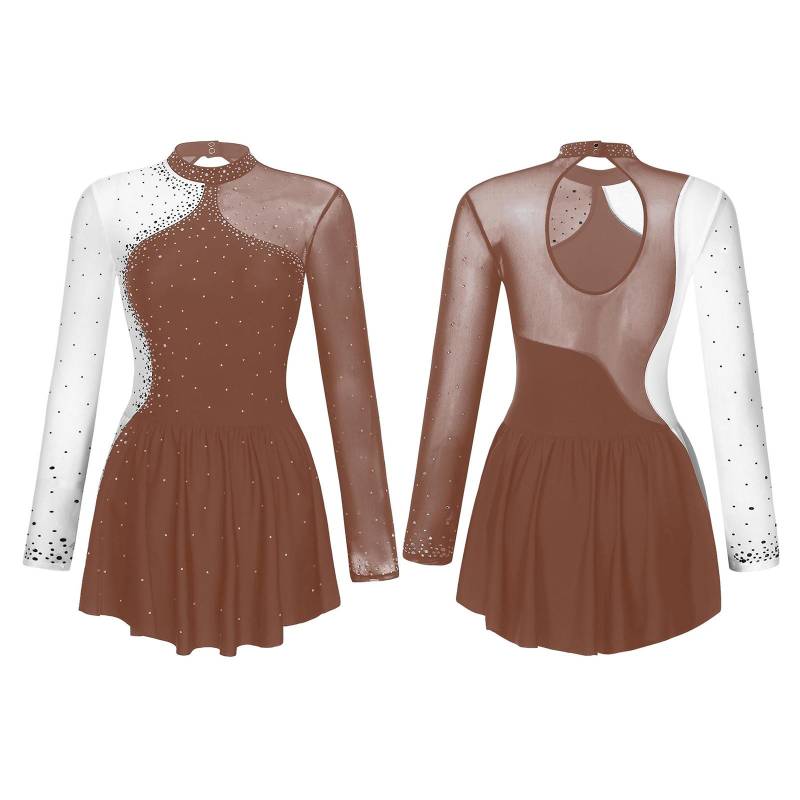 Glitzerndes Damen-Eiskunstlauf-Tanzkleid mit Strasssteinen, Kontrastfarbe, durchsichtiges Mesh-Patchwork, langärmlig, Mock-Neck-Kleider M braun von Joom DACH