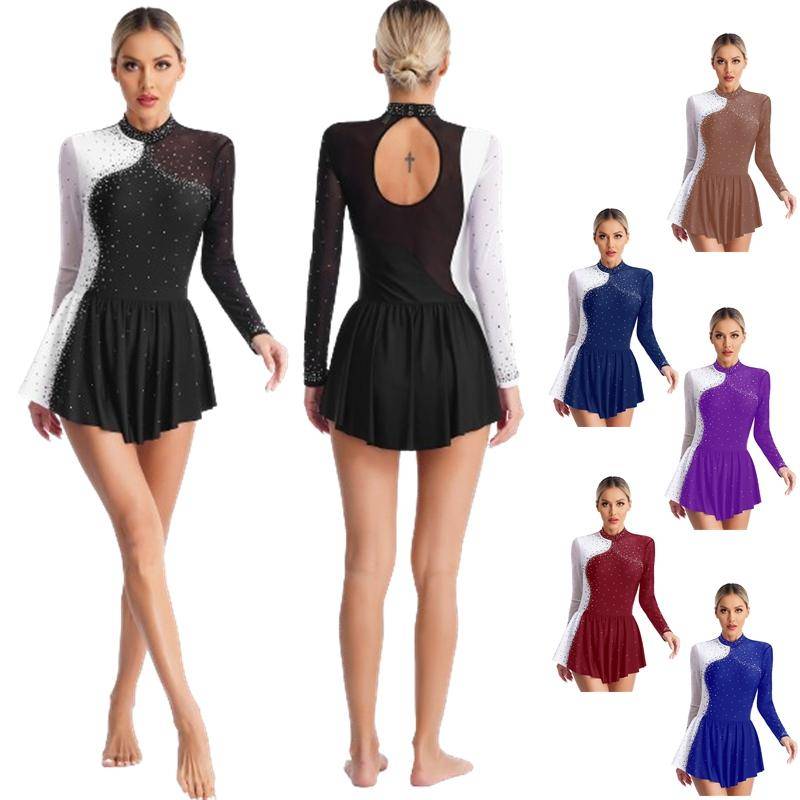 Glitzerndes Damen-Eiskunstlauf-Tanzkleid mit Strasssteinen, Kontrastfarbe, durchsichtiges Mesh-Patchwork, langärmlig, Mock-Neck-Kleider M von Joom DACH