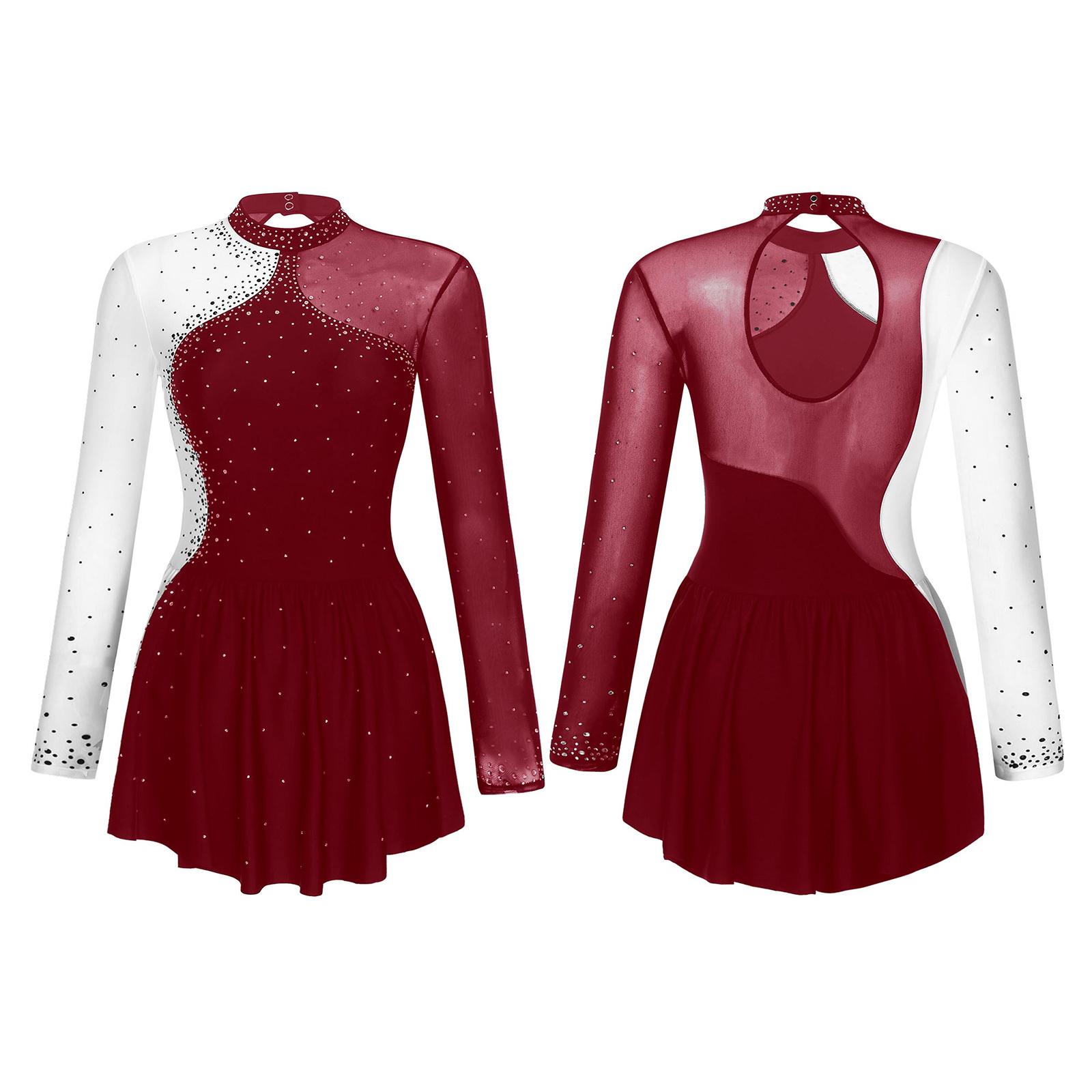 Glitzerndes Damen-Eiskunstlauf-Tanzkleid mit Strasssteinen, Kontrastfarbe, durchsichtiges Mesh-Patchwork, langärmlig, Mock-Neck-Kleider M von Joom DACH