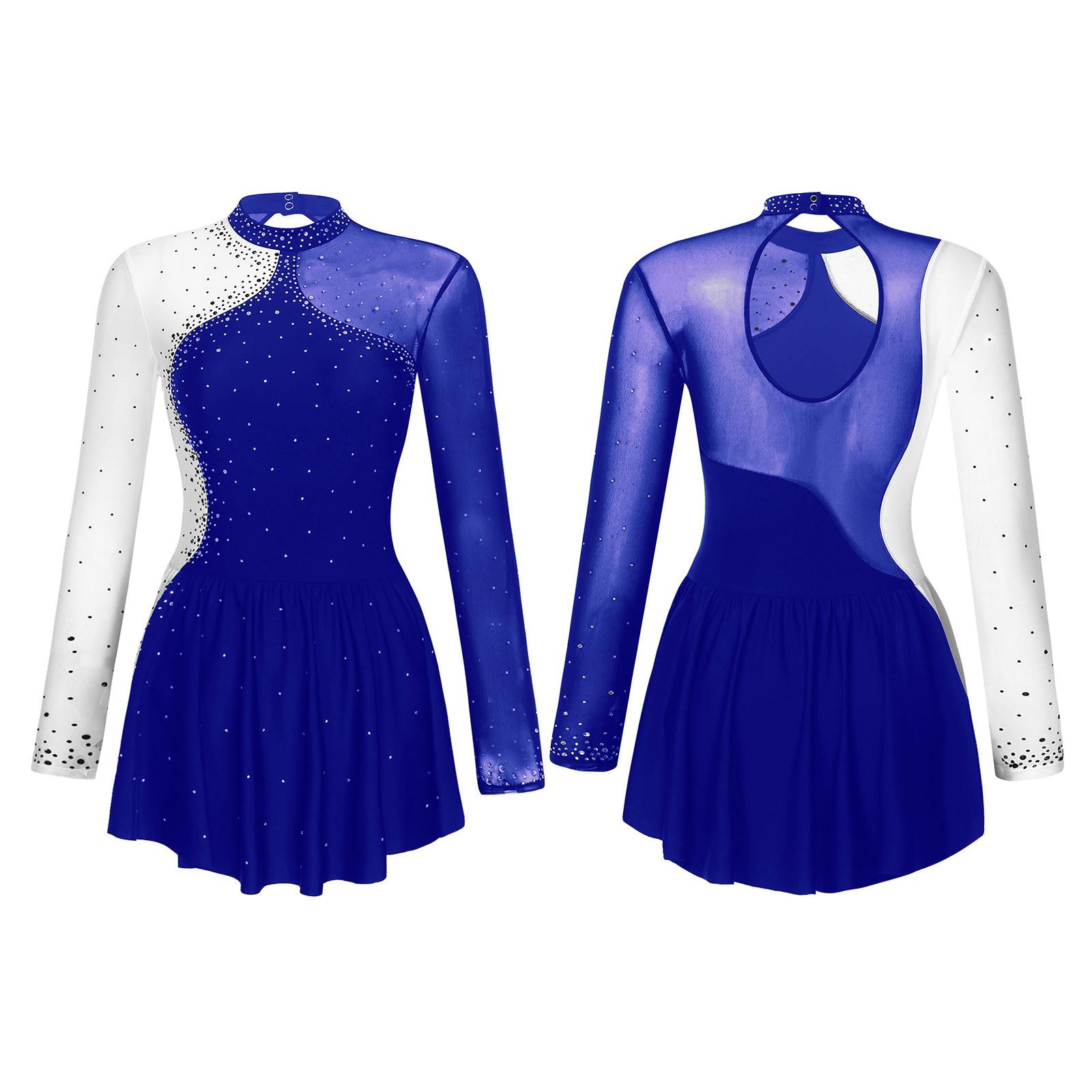 Glitzerndes Damen-Eiskunstlauf-Tanzkleid mit Strasssteinen, Kontrastfarbe, durchsichtiges Mesh-Patchwork, langärmlig, Mock-Neck-Kleider M blau von Joom DACH