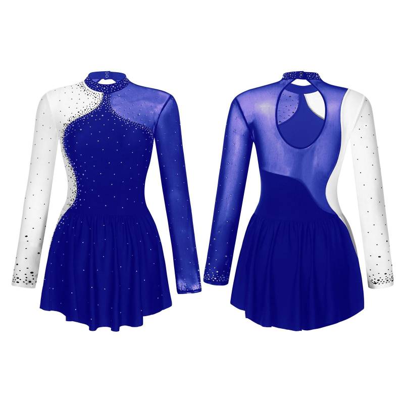 Glitzerndes Damen-Eiskunstlauf-Tanzkleid mit Strasssteinen, Kontrastfarbe, durchsichtiges Mesh-Patchwork, langärmlig, Mock-Neck-Kleider M blau von Joom DACH