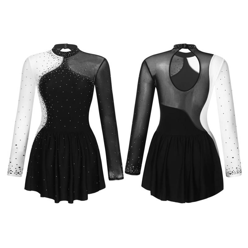 Glitzerndes Damen-Eiskunstlauf-Tanzkleid mit Strasssteinen, Kontrastfarbe, durchsichtiges Mesh-Patchwork, langärmlig, Mock-Neck-Kleider S schwarz von Joom DACH