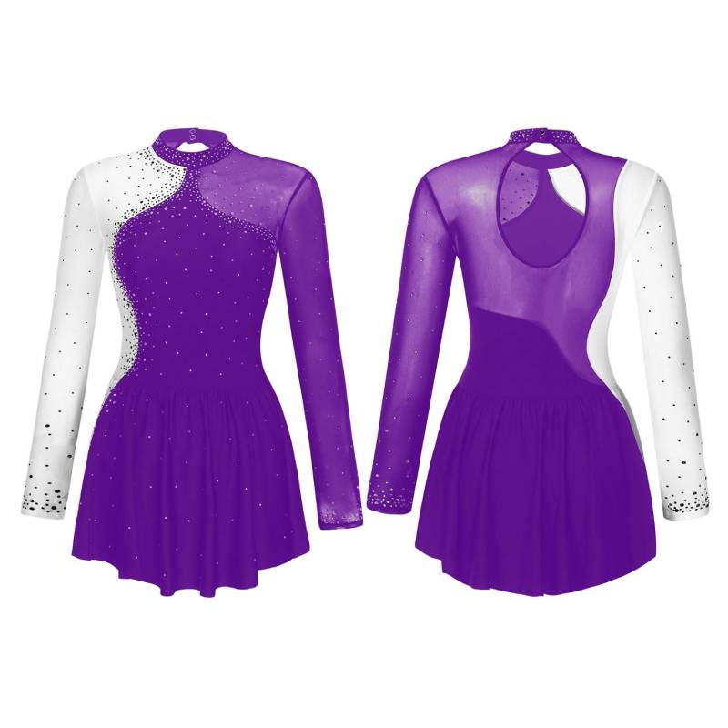 Glitzerndes Damen-Eiskunstlauf-Tanzkleid mit Strasssteinen, Kontrastfarbe, durchsichtiges Mesh-Patchwork, langärmlig, Mock-Neck-Kleider S violett von Joom DACH