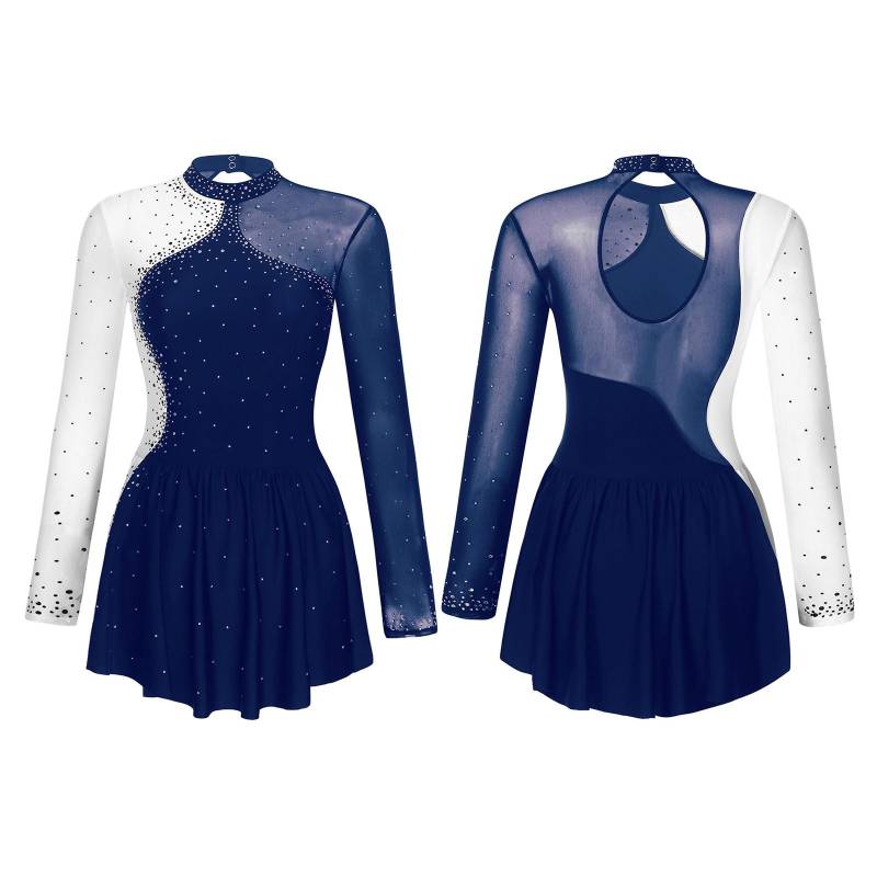 Glitzerndes Damen-Eiskunstlauf-Tanzkleid mit Strasssteinen, Kontrastfarbe, durchsichtiges Mesh-Patchwork, langärmlig, Mock-Neck-Kleider XL navy blau von Joom DACH