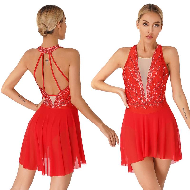 Glitzerndes Damen-Eiskunstlaufkleid mit Strasssteinen, ärmellos, rückenfrei, asymmetrischer Saum, lyrische Tanzkleider L rot Glitzerndes Damen-Eiskunstlaufkleid mit Strasssteinen, ärmellos, rückenfrei, asymmetrischer Saum, lyrische Tanzkleider L rot von Joom DACH