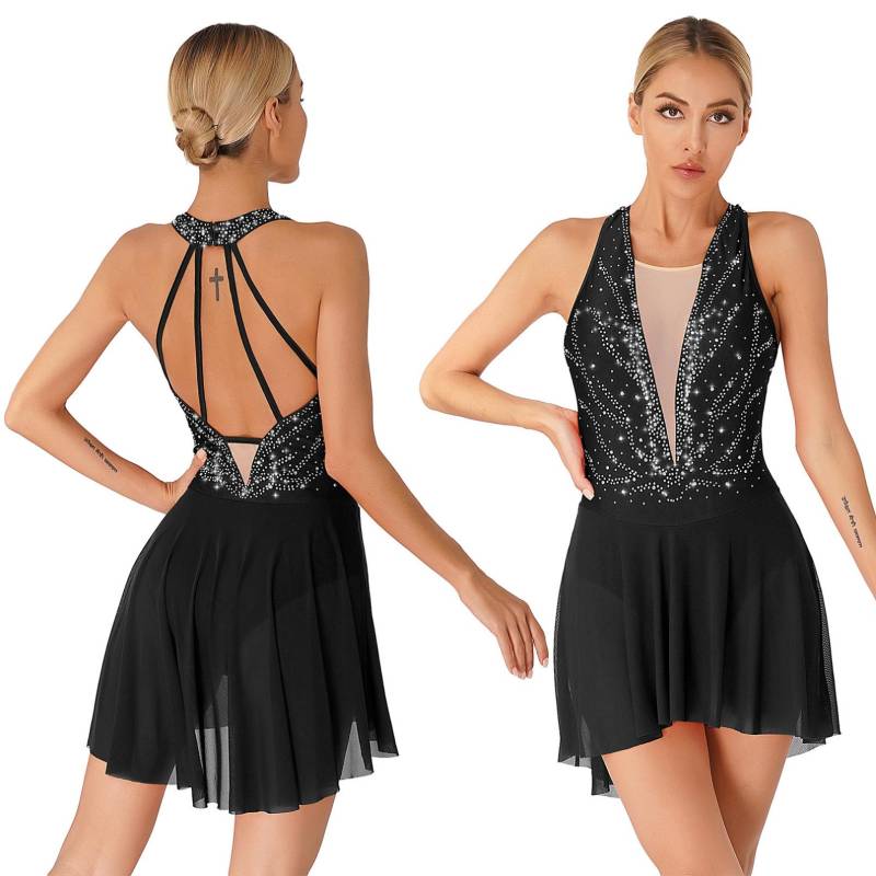 Glitzerndes Damen-Eiskunstlaufkleid mit Strasssteinen, ärmellos, rückenfrei, asymmetrischer Saum, lyrische Tanzkleider M schwarz Glitzerndes Damen-Eiskunstlaufkleid mit Strasssteinen, ärmellos, rückenfrei, asymmetrischer Saum, lyrische Tanzkleider M schwarz von Joom DACH