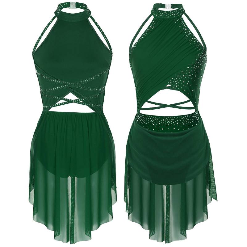 Glitzerndes lyrisches Tanzkostüm für Damen, rückenfreier Rock, Turnanzug, moderne zeitgenössische Tanzbekleidung XL grün von Joom DACH